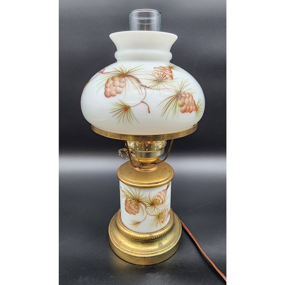 Vintage Brass Table Lamp w/ Hand‑Painted Pinecone Milk Glass Shade, 16.5"  Tall